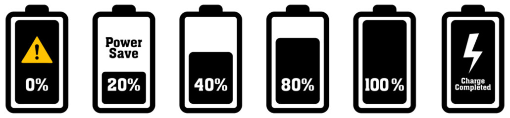 Battery level icon set. Charge status symbol with percent and charging sign. Power level indicator for app or UI. vector illustration