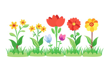 Colorful garden flowers and green grass isolated on transparent background