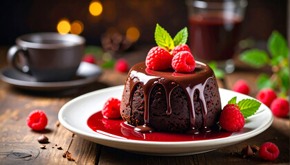 A decadent chocolate lava cake is drizzled with chocolate and raspberry sauce, garnished with fresh raspberries and mint, served with coffee and juice.