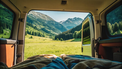 Mountain scenery view from inside a campervan concept. A serene view from a camper van showcasing beautiful mountains.