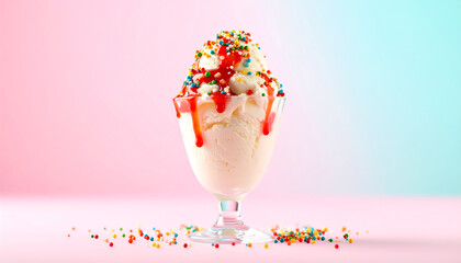 A glass sundae filled with vanilla ice cream, drizzled with red syrup, and topped with colorful sprinkles, against a pink and blue gradient background.