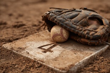 Baseball glove and ball on a home plate.  A well-worn baseball glove and ball rest on a home plate, set against a dusty field.  The glove's leather is weathered and shows signs of age. 