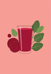 Beetroot smoothie in glass with leaves on pink background  
