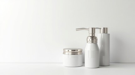 Obraz premium White bottles and jar with silver accents dispenser