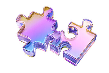 3d glass holographic puzzle pieces render icon. Jigsaw toy elements for connection, logical thinking, creative solutions. Crystal gradient game parts for teamwork and collaboration. 3D illustration
