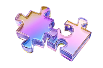 3d glass holographic puzzle pieces render icon. Jigsaw toy elements for connection, logical thinking, creative solutions. Crystal gradient game parts for teamwork and collaboration. 3D illustration