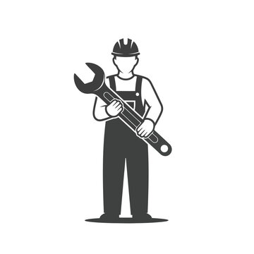 Vector illustration of 3d illustration of worker holding a large wrench isolated on white background