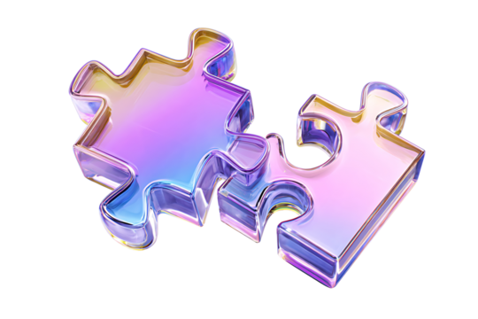 3d glass holographic puzzle pieces render icon. Jigsaw toy elements for connection, logical thinking, creative solutions. Crystal gradient game parts for teamwork and collaboration. 3D illustration