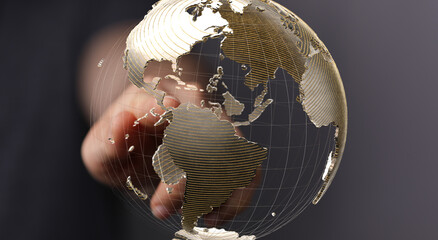 A hand interacts with a digital globe, showcasing global connectivity and networking.