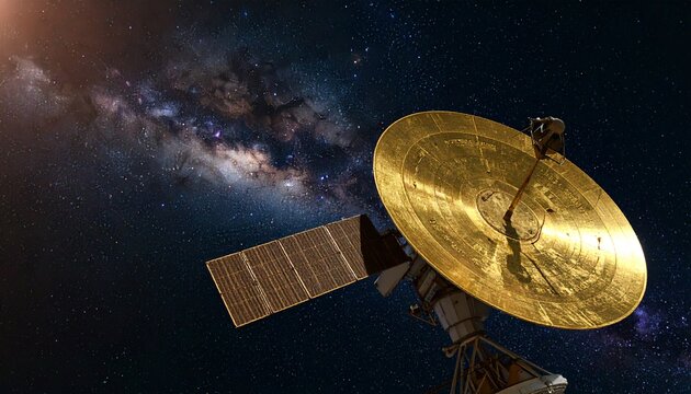 Voyager spacecraft drifting in deep space with its golden record glinting in sunlight, distant Milky Way and stars in background, cinematic and detailed