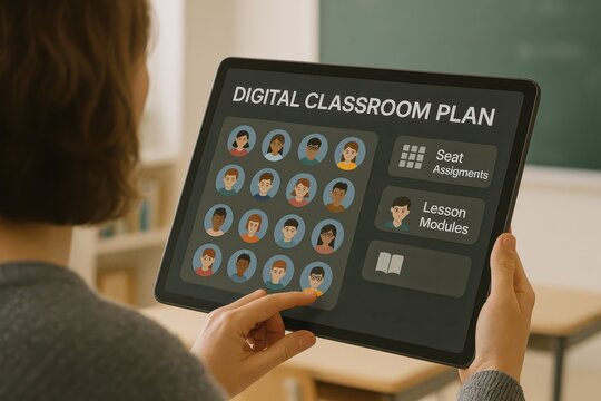 Teacher managing digital classroom with seating plan and lesson modules on tablet interface
