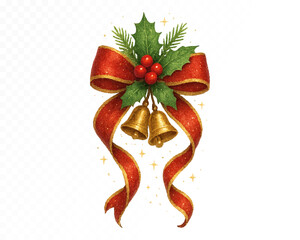 Watercolor Christmas arrangement with gold bells, red ribbon, holly leaves, pine branches, and berries, classic festive ornament. Vector illustration.