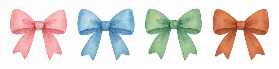 Watercolor set of four decorative bows in pink, blue, green, and brown tones, hand-painted soft ribbon elements with subtle textures. Vector illustration.