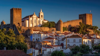 Ancient European city at dawn. Sunrise over medieval town