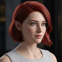 Fototapeta premium A beautiful fantasy portrait of a female elf with red hair and glasses.