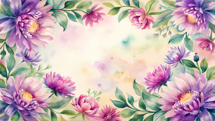 Obraz premium Hand-painted botanical aster frame in gentle watercolor style, featuring bright autumn flowers with lush green leaves on edges, center left empty for commercial use or text placement