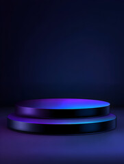 Podium display table with blue purple lighting on a minimalist dark background designed for ecommerce banners posters and slides
