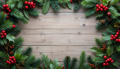 Christmas Garland and Berries on Rustic Wood: A Cozy Holiday Background.