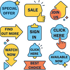 "Hand-Drawn Call-to-Action Icon Set Featuring Special Offer, Sale, Click Here, Join Us, Watch Now, Sign In, and More for Digital Marketing, Web Design, Ecommerce, and Social Media – Creative Vector Ic