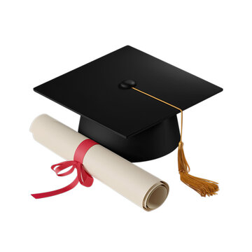 Graduation cap and diploma scroll for academic achievement.

