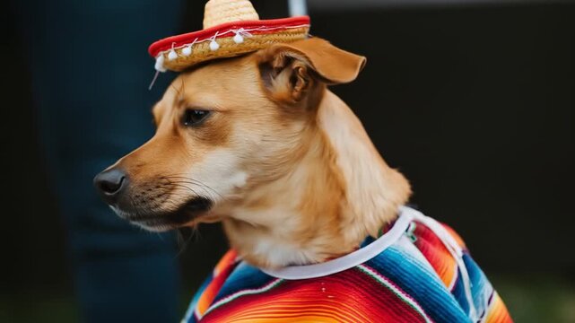 Adorable Dog in Festive Sombrero and Colorful Serape Poncho