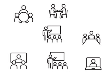 Meeting collaboration icon set. Thin line editable stroke icons for workshops, brainstorming, remote conferencing, team discussions, strategy planning, and business presentations 