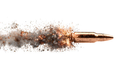 High-Speed Bullet Flying with Smoke and Particle Explosion Effect Isolated on Transparent Background