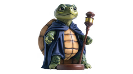Creative depiction of a turtle dressed as a judge with a gavel in an transparent setting