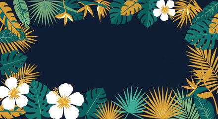 Obraz premium Tropical Leaves and Flowers Border Illustration on Dark Background