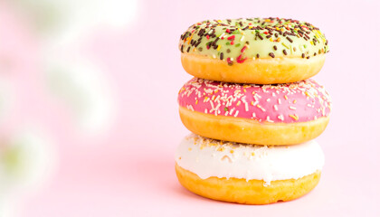 Three colorful glazed donuts stacked on a pink surface, with a blurred background of light green foliage.