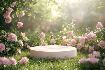 Round podium in grass surrounded by blooming pink roses and lush greenery, dreamy pastel backdrop perfect for beauty and cosmetic product display