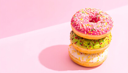 Stack of colorful glazed donuts on a pink background, showcasing vibrant sprinkles and icing.