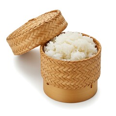 bamboo box with lid removed, sticky rice inside ,isolated on white background