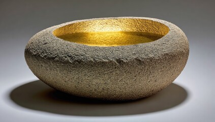 A sculpted stone bowl, gold-lined interior