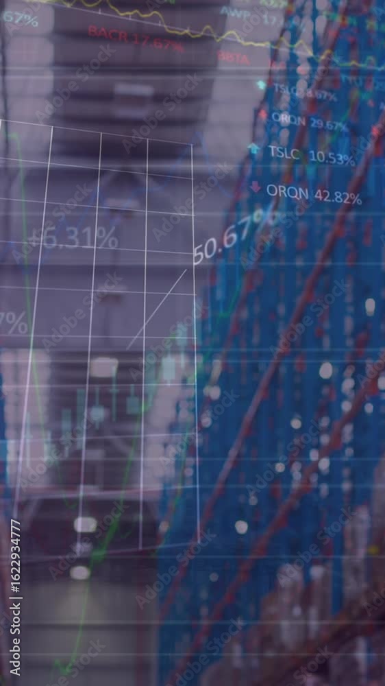 Wall mural animation of financial data processing over empty warehouse