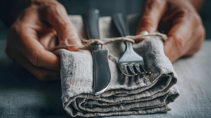 Fine Dining Setup: An inviting close-up captures the meticulous preparation of a dining setting. Featuring neatly arranged cutlery, a folded cloth, and the gentle touch of hands.