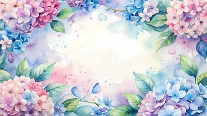 Hand-painted botanical hydrangea frame in soft watercolor style, featuring large flower clusters in pink and blue tones with green foliage, left and right edges filled, center open for commercial
