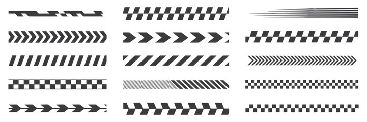 Race car stripes and racing cars vector set including angled checkered patterns, finish line flags, motocross labels, dynamic racing lines, motorsport decals, sport tuning stickers