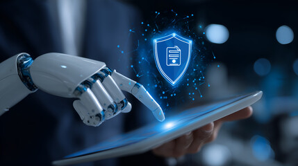 Data Security: Robotic Hand Navigating Digital Document Protection on a Tablet, Illustrating Secure Technology and Cyber Safety.