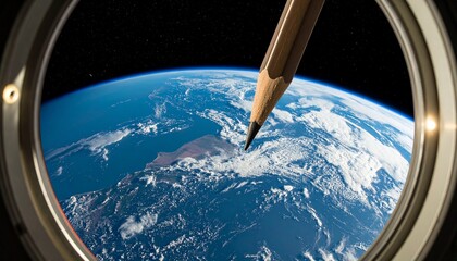 Close-up of a pencil and a metallic space pen floating in zero gravity in a spacecraft cabin, Earth visible through porthole, soft ambient light,
