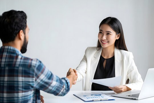 Business meeting handshake: successful job interview with asian woman in white blazer suit