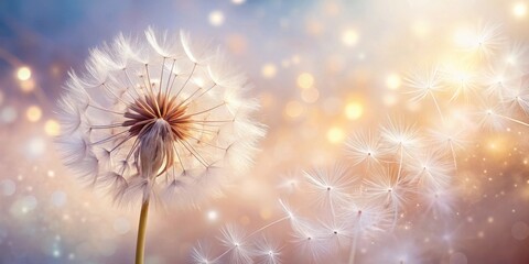 A serene landscape featuring delicate dandelion seed heads gently dispersing in a soft, sunlit ambiance