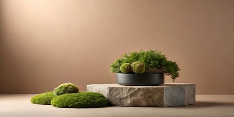 Serene arrangement of potted greenery and moss clusters displayed on a rustic stone pedestal against a muted earth tone background