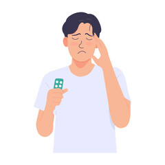 Vector illustration of a man taking pills. Headache, migraine, dizziness, vertigo. Isolated on white background.