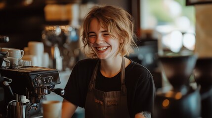 Smiling Barista at Coffee Shop Preparing Fresh Brewed Coffee
