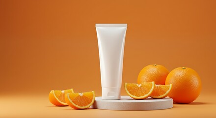White unlabeled cosmetic tube and oranges citrus fruit on concrete podium. Natural vitamin c skin care product on orange background