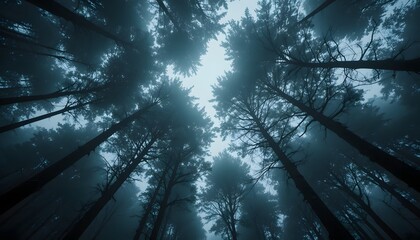A low-angle shot looking up through tall, dark trees in a misty forest, with a patch of bright sky visible above.