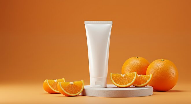 White unlabeled cosmetic tube and oranges citrus fruit on concrete podium. Natural vitamin c skin care product on orange background