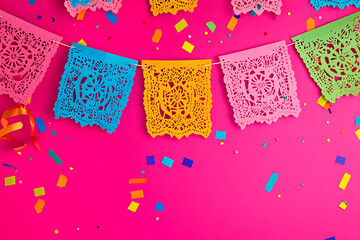 Vibrant papel picado garland and confetti on bright pink background