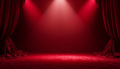 Red velvet stage curtains background with multiple spotlights on a dark floor, theatre and entertainment scene, ideal for posters, event promotions, and creative backdrops with copy space.